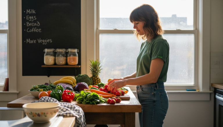 Woman arranging fresh produce in sunny kitchen