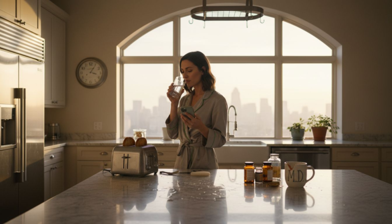 Man drinking water in morning kitchen
