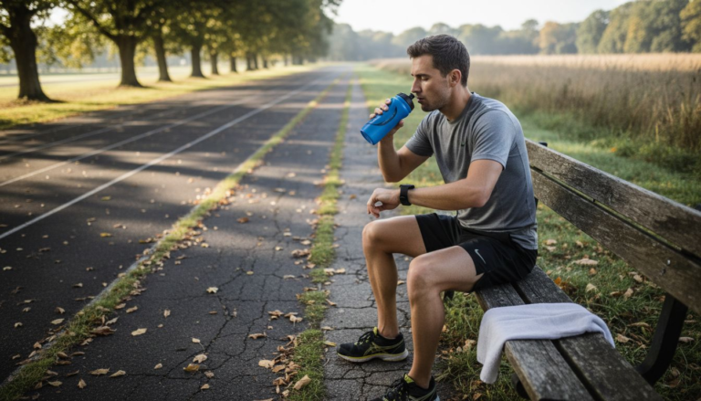Triathlete hydrating at outdoor track bench