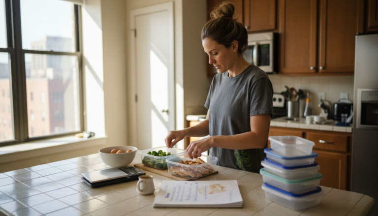 Woman meal prepping protein-rich lunches kitchen