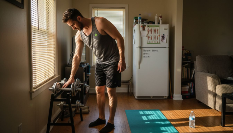 Man finishing home workout in apartment