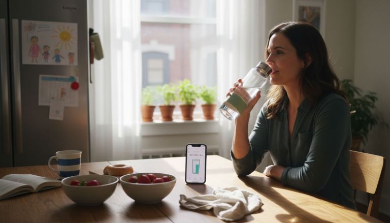 Woman hydrating in sunny kitchen setting