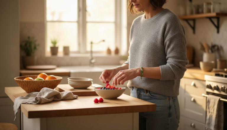 Woman preparing intuitive oatmeal breakfast