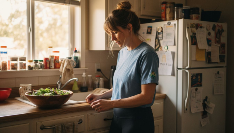 Woman pausing before healthy meal in kitchen