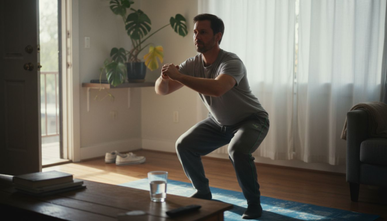 Man doing squats in cluttered living room