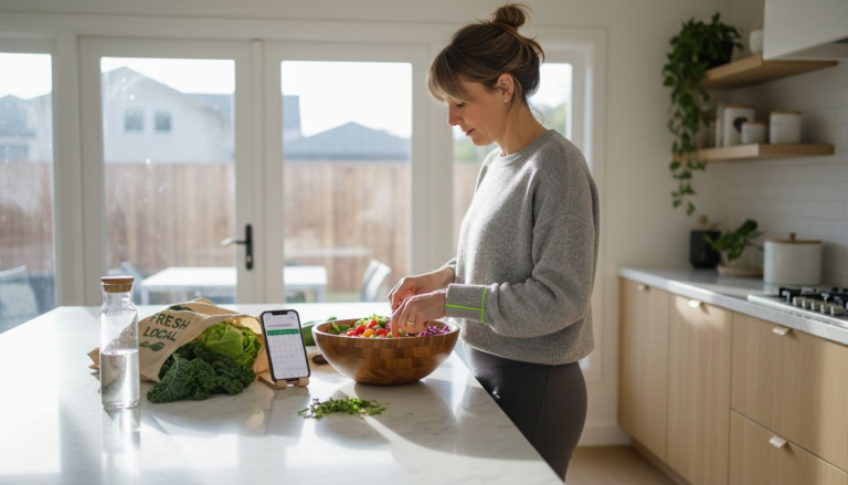 Woman preparing healthy meal in home kitchen