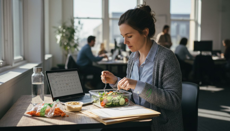 Woman preparing healthy lunch in office breakroom