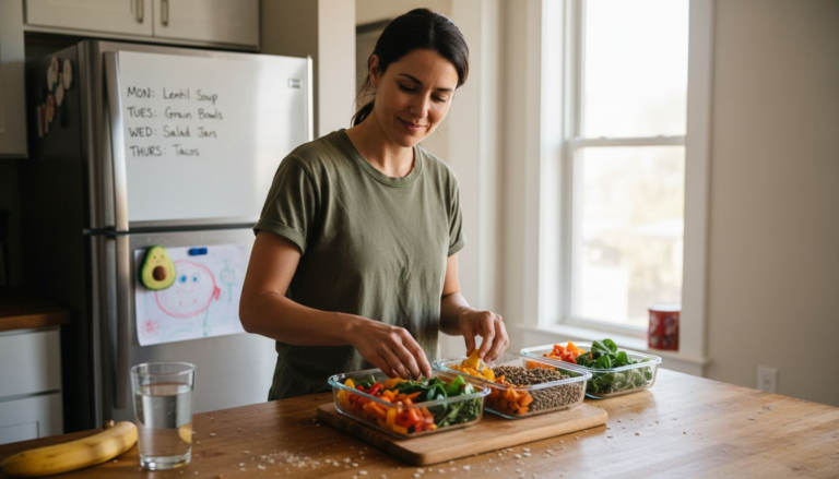 Woman prepping plant-based meals in home kitchen