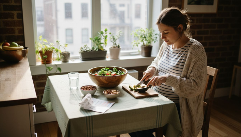 Pregnant woman preparing vegan meal at table
