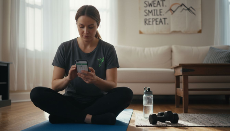 Woman tracking health fitness progress at home