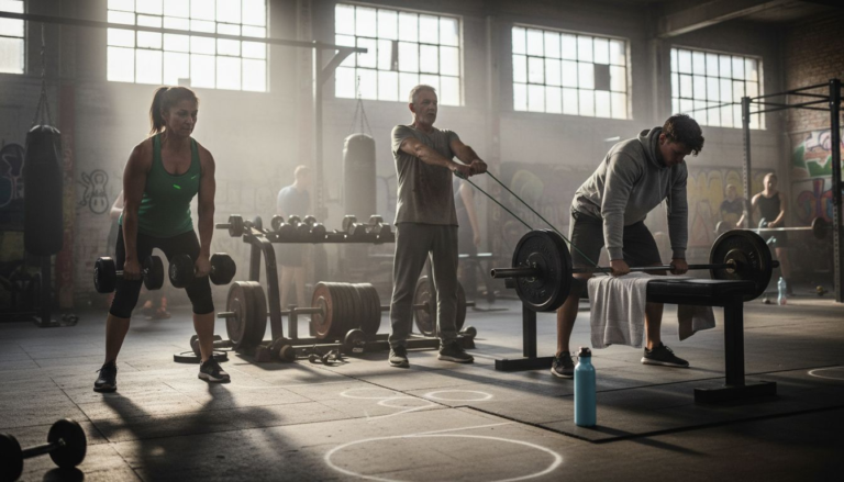 Group doing strength training in urban gym