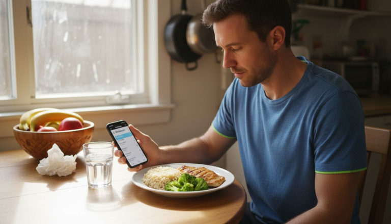 Man tracking meal calories at kitchen table