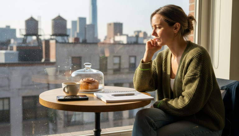 Woman considering pastry with thoughtful expression