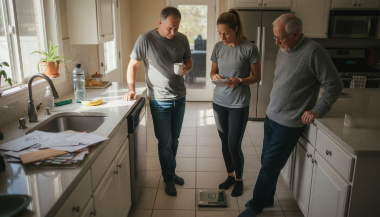 Three adults check digital scale in bright kitchen
