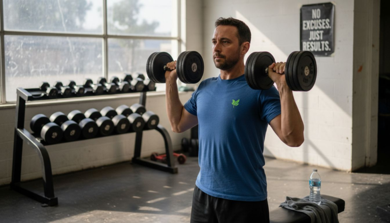 Man performing dumbbell press in small gym