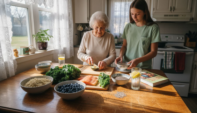 Family preparing fresh superfoods in kitchen
