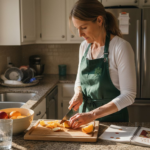 Food Literacy Boosts Fruit Intake 25% for Health Woman preparing fresh fruit in home kitchen