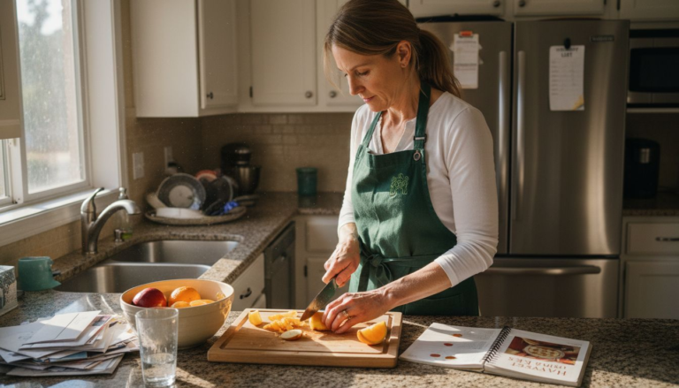 Woman preparing fresh fruit in home kitchen
