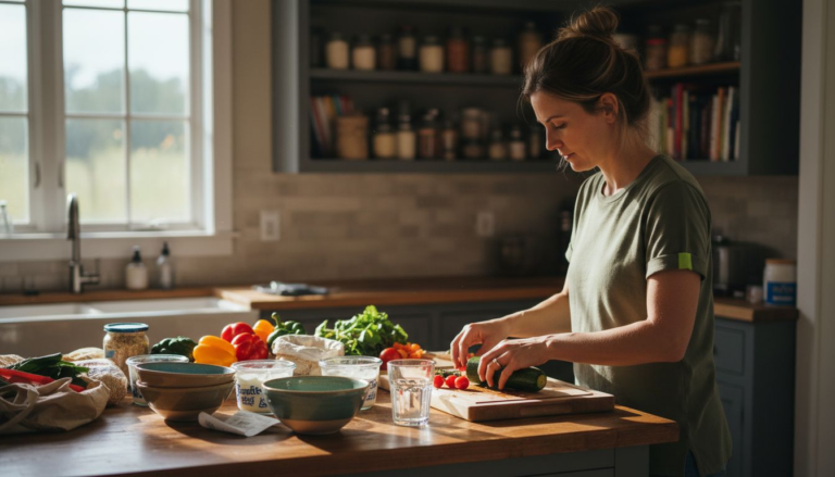 Woman arranging gut-healthy foods in kitchen