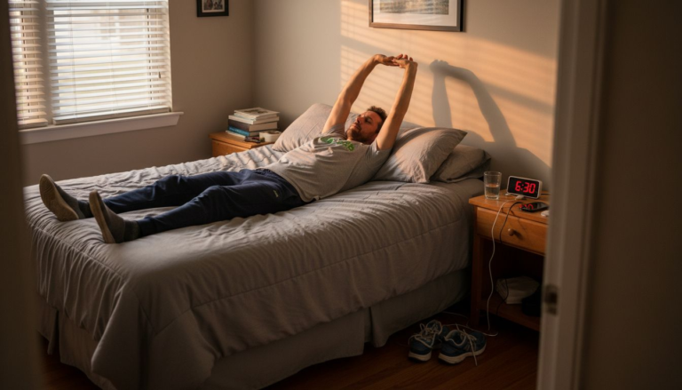 Man stretching sunrise bedroom realistic scene