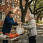 Food insecurity solutions: proven steps for access Volunteer distributing fresh food in urban area