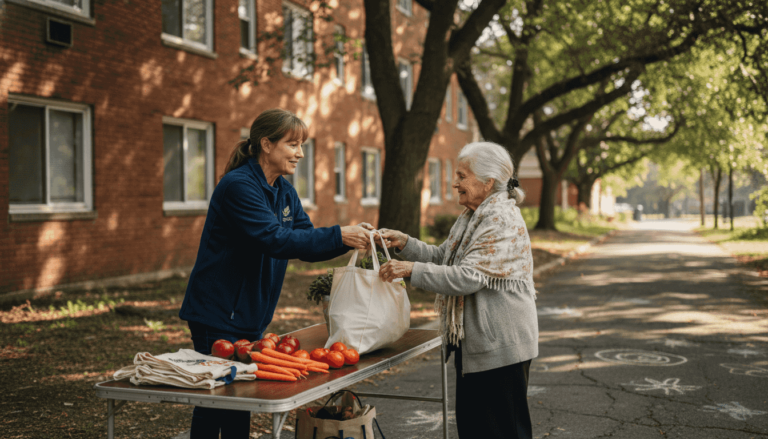 Volunteer distributing fresh food in urban area