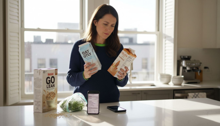 Person comparing vegan fortified foods at kitchen