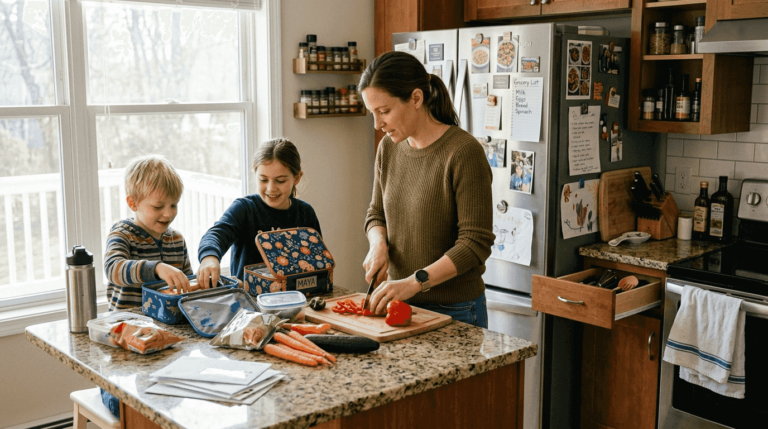 Family prepping meals in organized kitchen