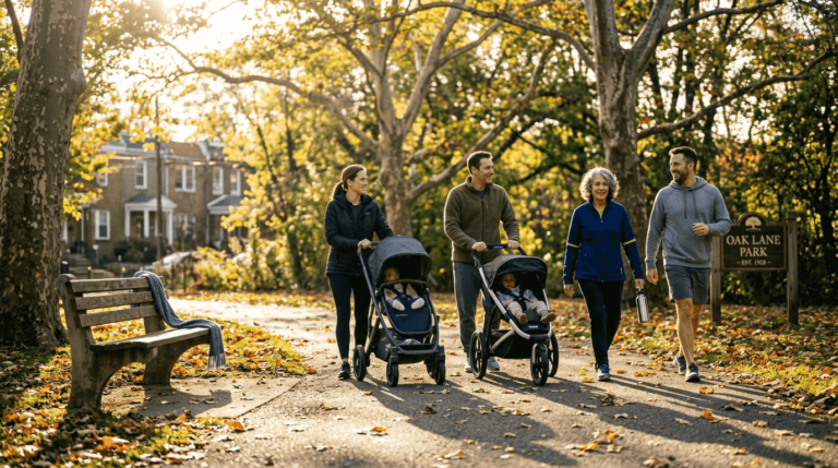 Adults walking for exercise in city park morning