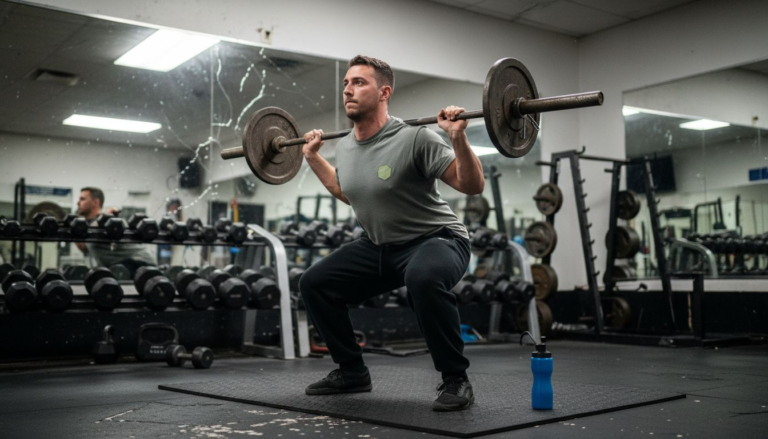 Beginner performing squat with barbell in gym