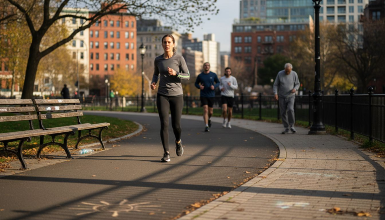 Woman walking in city park morning