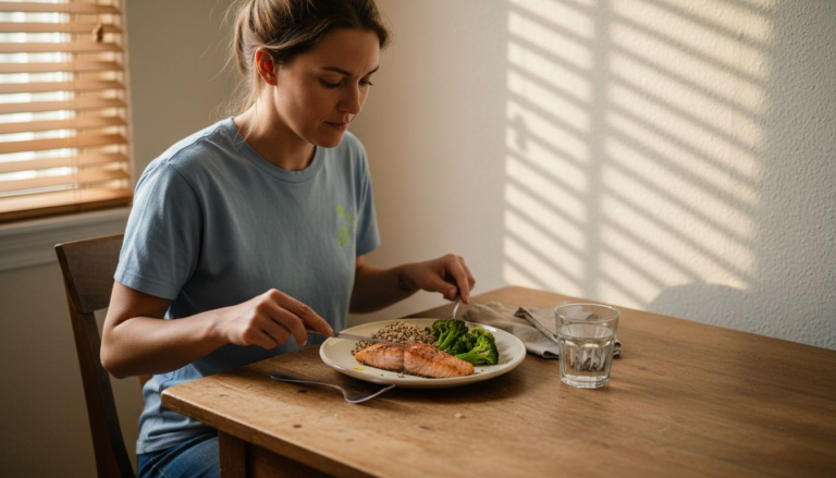 Homemade healthy dinner plated on kitchen table