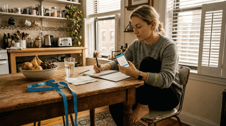 Woman using BMI calculator at kitchen table