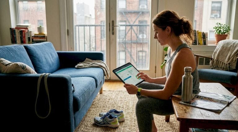 Woman using fitness calculator on tablet at home