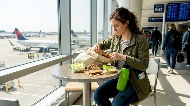 Traveler opening healthy snacks in airport terminal