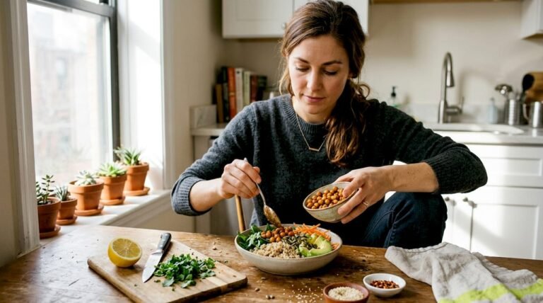 Woman preparing colorful vegan grain bowl