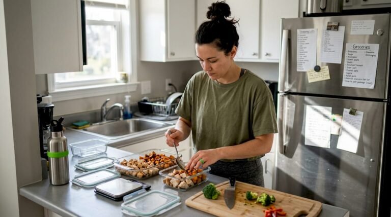 Woman meal prepping in a home kitchen