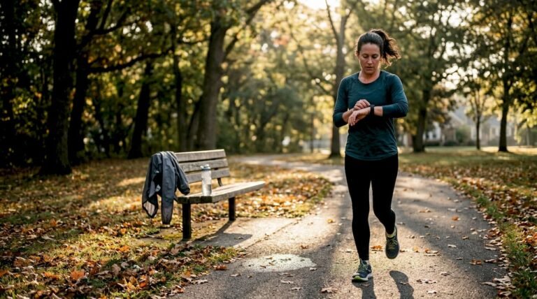 Woman jogging checks fitness tracker in park