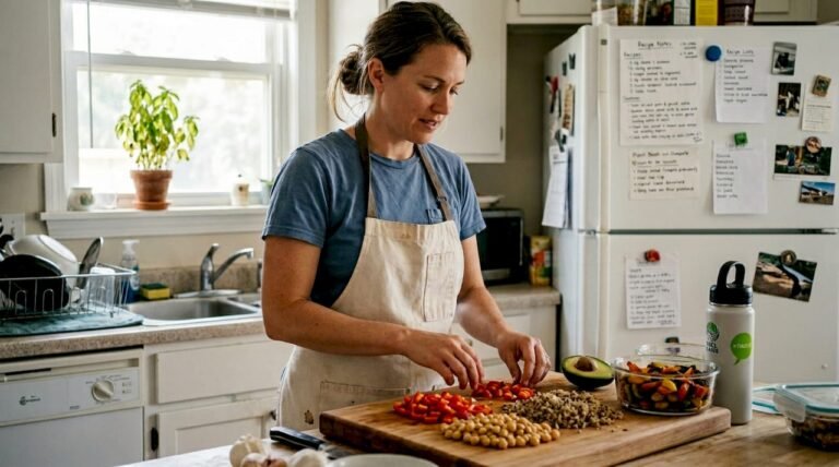 Woman preparing nutritious plant-based lunch in kitchen