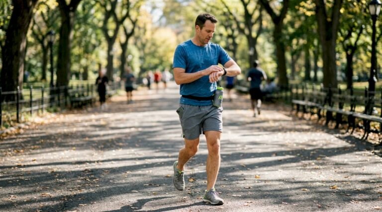 Jogger checks fitness tracker in park