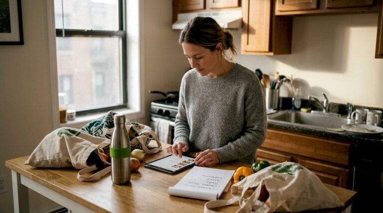 Person reviewing meal plan in kitchen setting