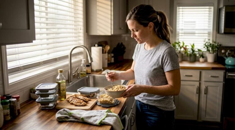 Woman doing meal prep in small kitchen