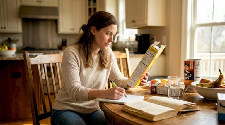 Woman reading nutrition label at kitchen table