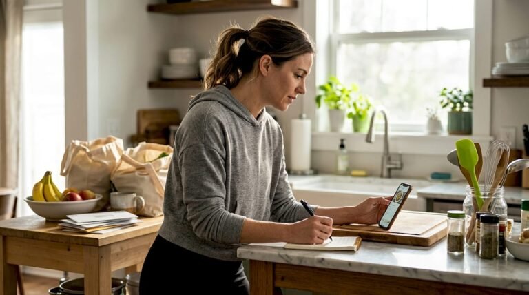 Woman tracks meals at kitchen counter with journal