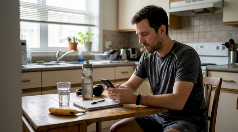 Man reviews fitness tracker data at home table