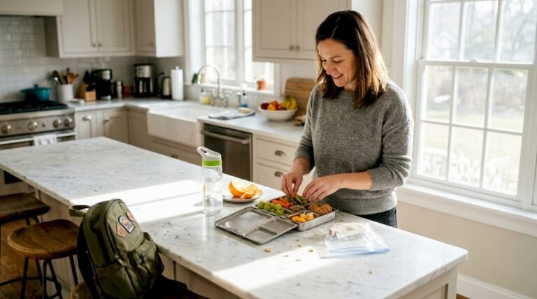 Parent packing healthy school lunch in kitchen