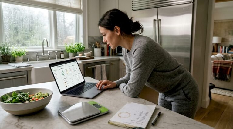 Woman meal planning with laptop in kitchen