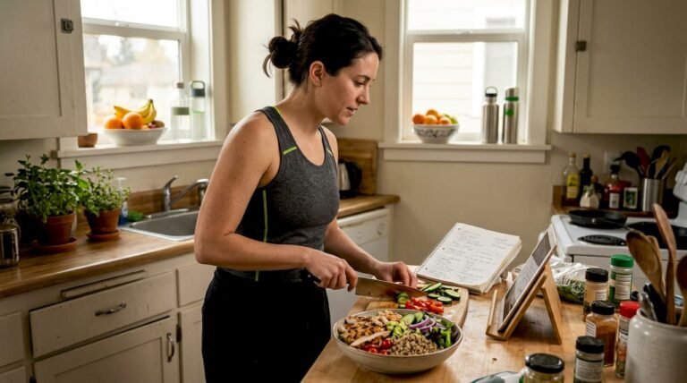 Woman preparing salad in home kitchen