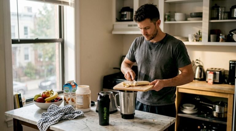 Man preparing recovery meal in kitchen