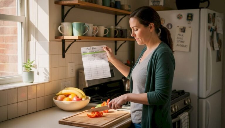 Woman prepping fresh vegetables with meal plan in kitchen